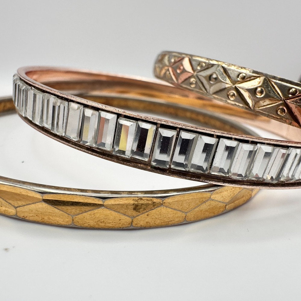 Vintage 90s Rhinestone Geometric Textured Bangle Set Women's Classic Jewelry